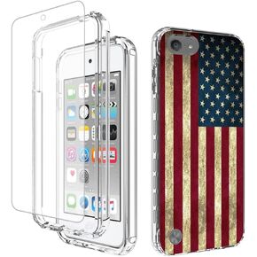 for iPod Touch 6/Touch 5/Touch 7 Case with Tempered Glass Screen Protector, Full-Body Shockproof Cute Clear Flag Pattern Protective Phone Cover Case for iPod Touch 5th / 6th / 7th (USA Flag)