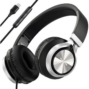 USB C Headphones with Mic and Volume Control, Over Ear Stereo Headsets for iPhone 15 16 Pro, Wired Foldable Headphones for Smartphones Chromebook Laptop Tablets Travel(Black/Gray)