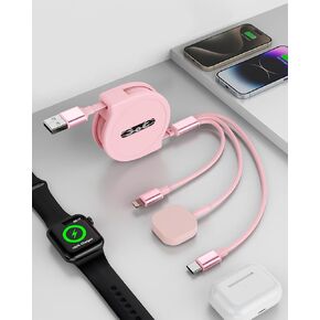 4FT Retractable Phone iwatch Charger Cord, Upgraded Multi 3 in 1 USB Charger for iWatch Charger+Lightning + Type C Compatible with iWatch Ultra/SE/9/8/7/6/5/4/3/2/1/Phone/Glaxy/Pad - White