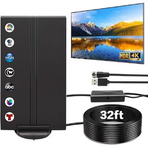 2025 Strongest Digital TV Antenna for Smart TV, 1800+Miles Range Indoor/Outdoor, 360° Reception with Amplifier Signal Booster for Local Channels Support 4K 8K 1080p 32ft Thick Coaxial Cable