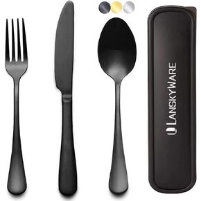 Portable Cutlery Set，Travel Utensil Set with Case，Travel 18/8 Stainless Steel Spoon and Fork Set for Lunch Box, 3 PCs Travel Silverware Set Travel Cutlery Ideal for Travel Camping Office