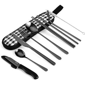 hecef 11 PCS Black Titanium Plating Travel Cutlery Set with Compact Carrying Case & Mesh Bag, Reusable Stainless Steel Utensils, Handy Flatware Set for Work, School, Camping and Travel
