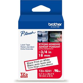 Brother Genuine P-Touch TZE-S241 Tape, 3/4" (0.7") Wide Extra-Strength Adhesive Laminated Tape, Black on White, Laminated for Indoor or Outdoor Use, Water-Resistant, 0.7" x 26.2' (18mm x 8M), TZES241