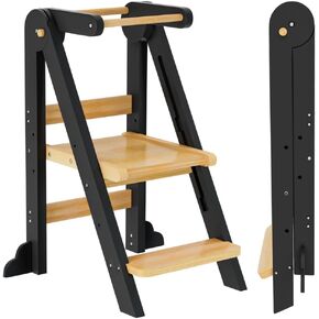 Toddler Tower, Foldable Step Stool for Toddlers, Toddler Kitchen Stool Helper with 3 Adjustable Height Safty Rail and Anti-Tip Structure, Learning Tower for Toddlers Kids Baby