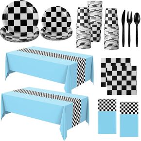 Oudain 162 Pcs Racing Car Birthday Party Supplies Checkered Tableware Sets for 20 Guests Checkered Racing Themed Rectangular Tablecloth Plates Cups Folks for Car Party Decorations(Blue)