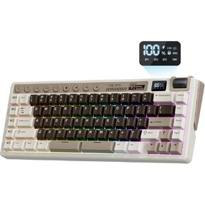 RK ROYAL KLUDGE M70 Wireless Mechanical Keyboard with Macro Keys 2.4GHz/Bluetooth/Wired 75% Gaming Keyboard with 6000mAh Battery Gasket-Mount Display & Knob RGB Hot-Swappable Linear Cream Switch