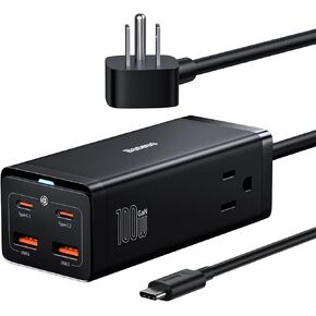 Baseus USB C Charger PowerCombo 100W - 6 in 1 Travel Power Strip USB C Desk Charging Station with 2AC Outlets, Fast Charging Extension Cord for Laptops iPhone Samsung iPad (100W Type C Cable Included)