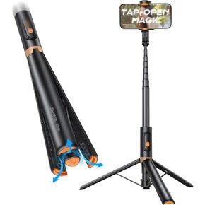 MAGIC JOHN 59" Auto-Open Phone Tripod & Selfie Stick, Extendable Cell Phone Tripod Stand with Bluetooth Remote, 180° Flexible Rotation & Tilt, Compatible with iPhone Android Phone, Camera, Black