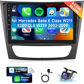[8 CORE 4G+64G] Car Radio for Mercedes Benz E Class W211 E200 CLS W219 2002-2009 with Wireless Carplay/Android Auto, 9" Android 13 IPS Touch Screen Stereo, Bluetooth, GPS, WiFi, SWC, DSP + Camera