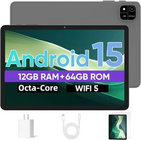 Tablet 10.1 inch, Android 15 Tablet with Octa-Core Processor 12GB RAM 64GB ROM, LCD Touchscreen, 6000mAh, WiFi 5, BT 5.0, Dual Camera, Widevine L1 Google Tablets 2025 (Gray)