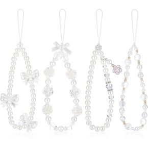 4 Pack Beaded Phone Bracelet Strap Crystal Butterfly Flower Pearl Charms Strap Colorful Acrylic Beads Charm Wrist Strap Handmade Mobile Phone Chain for Women Anti-Lost Lanyard