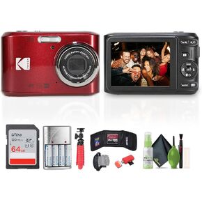 Kodak Pixpro FZ45 Digital Camera (Red) Bundle Including: 64 GB Memory Card, Rechargeable Batteries, Flexible Tripod, Card Reader, Card Wallet, Hand Strap, Full Cleaning Kit