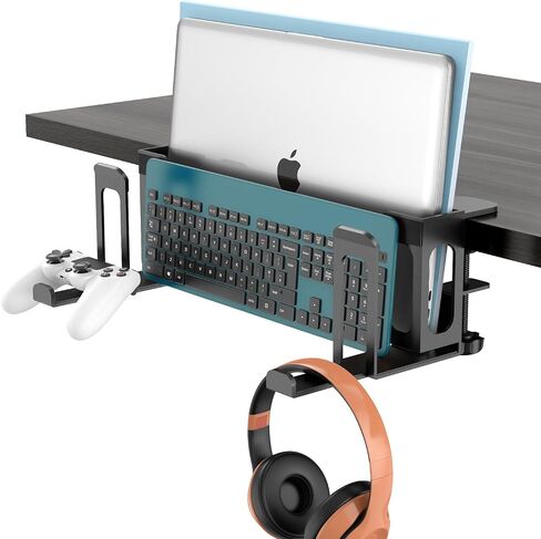 6-in-1 Desk Side Storage Adjustable 2 Tier Under Desk Laptop Holder with Headphone Stand No Drilling Clamp On Organizer Anti-Slip Under Table Storage for Keyboard, Files, Controllers Black in Saudi Arabia
