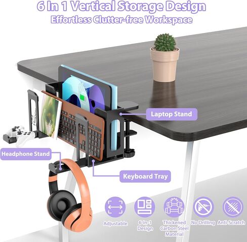 6-in-1 Desk Side Storage Adjustable 2 Tier Under Desk Laptop Holder with Headphone Stand No Drilling Clamp On Organizer Anti-Slip Under Table Storage for Keyboard, Files, Controllers Black in Saudi Arabia