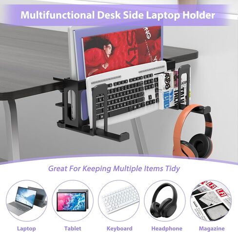 6-in-1 Desk Side Storage Adjustable 2 Tier Under Desk Laptop Holder with Headphone Stand No Drilling Clamp On Organizer Anti-Slip Under Table Storage for Keyboard, Files, Controllers Black in Saudi Arabia