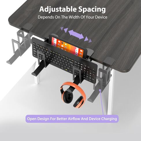 6-in-1 Desk Side Storage Adjustable 2 Tier Under Desk Laptop Holder with Headphone Stand No Drilling Clamp On Organizer Anti-Slip Under Table Storage for Keyboard, Files, Controllers Black in Saudi Arabia