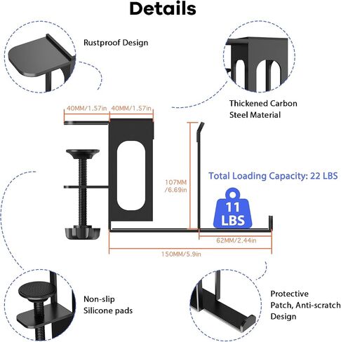 6-in-1 Desk Side Storage Adjustable 2 Tier Under Desk Laptop Holder with Headphone Stand No Drilling Clamp On Organizer Anti-Slip Under Table Storage for Keyboard, Files, Controllers Black in Saudi Arabia