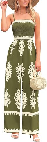 PRETTYGARDEN Women's Summer Boho Jumpsuits One Piece Beach Vacation Outfits Spaghetti Strap Wide Leg Pants Rompers in Saudi Arabia