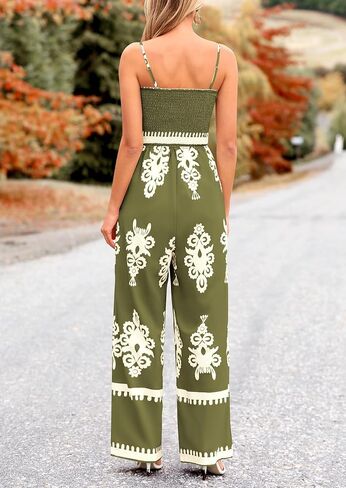 PRETTYGARDEN Women's Summer Boho Jumpsuits One Piece Beach Vacation Outfits Spaghetti Strap Wide Leg Pants Rompers in Saudi Arabia