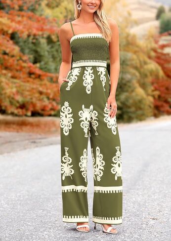 PRETTYGARDEN Women's Summer Boho Jumpsuits One Piece Beach Vacation Outfits Spaghetti Strap Wide Leg Pants Rompers in Saudi Arabia