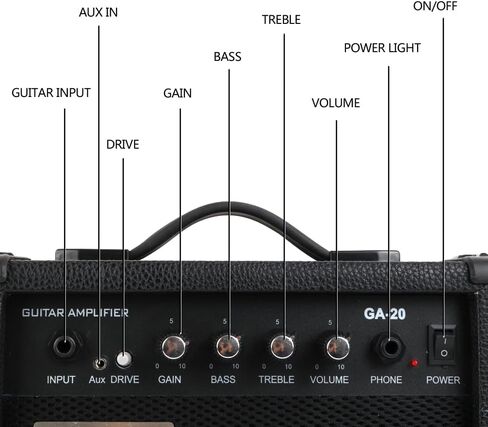 20W Pro Watt Electric Guitar Amplifier Amp Practice Small Portable Travel Mini with Headphone Jack Aux Distortion Gain Treble Bass Volume Jack With 3 Meters Cable Audio Adapter Guitar Picks in Kuwait