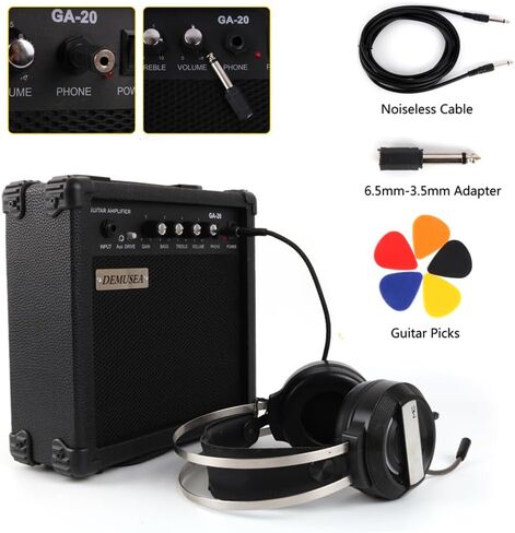 20W Pro Watt Electric Guitar Amplifier Amp Practice Small Portable Travel Mini with Headphone Jack Aux Distortion Gain Treble Bass Volume Jack With 3 Meters Cable Audio Adapter Guitar Picks in Kuwait