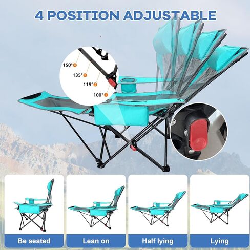 كرسي تخييم قابل للاستلقاء من POEPORE بأربعة أوضاع مع مسند للقدمين مريح للبالغين 265 رطلًا قابل للطي كرسي شاطئ شبكي مع حقيبة تبريد وحامل أكواب للفناء الخارجي in Kuwait