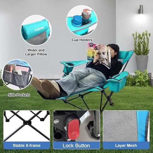 كرسي تخييم قابل للاستلقاء من POEPORE بأربعة أوضاع مع مسند للقدمين مريح للبالغين 265 رطلًا قابل للطي كرسي شاطئ شبكي مع حقيبة تبريد وحامل أكواب للفناء الخارجي in Kuwait