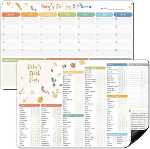 2 PCS Baby First Foods Checks Planner Magnetic & Weekly Meal Planner ، Baby Foods Tracker Tracker Magnet & Daily Food Log ، 12 "× 8" مخطط أطعمة الأطفال الجافة ، 101 الأطعمة قبل 1 قائمة فحص المغناطيس in Kuwait