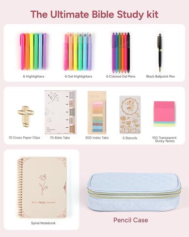 طقم اليومية للكتاب المقدس مع علبة قلم رصاص كبيرة السعة ، و 50pcs لوازم اليومية للكتاب المقدس ، وعلامات الكتاب المقدس ، وأعطال الكتاب المقدس والأقلام لا تنزف ， لوازم اليومية لهدايا الكتاب المقدس (الوردي الفاتح) in Kuwait
