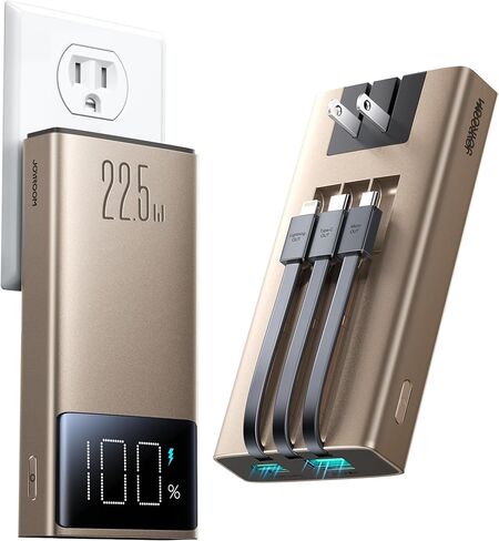 JOYROOM Portable Charger, 10000mAh Power Bank with Built-in Cables and AC Wall Plug, PD 22.5W Fast Charging Battery Pack, Compatible with iPhone, iPad and Tablet (Gold) in Saudi Arabia