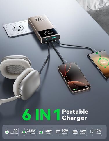 JOYROOM Portable Charger, 10000mAh Power Bank with Built-in Cables and AC Wall Plug, PD 22.5W Fast Charging Battery Pack, Compatible with iPhone, iPad and Tablet (Gold) in Saudi Arabia