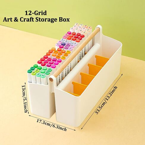Large Portable Caddy Tote with Handle, 12 Grids Craft Storage Organizer Plastic Storage Bin Art Supply Storage Organizer Basket with Divider for Colored Pencils, Markers, Art Supplies (White+Pink) in Saudi Arabia
