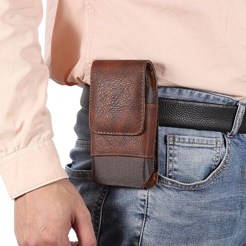 Vertical Cell Phone Waist Bag for Men, Mobile Phone Belt Pouch with Clip, Universal Mens Leather Phone Belt Clip Holder Smartphone Waist Pouch Fanny Pack Protective Wallet with Carabiner Belt Loop in Saudi Arabia