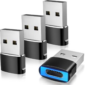 TiMOVO USB to USB C Adapter with LED Light, 4 Pack USB A Male to USB C Female Adapter 27W Fast Charging for iPhone 16e/16/15 Pro Max Plus, AirPods, iWatch, iPad, Galaxy S25, CarPlay, Black