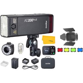 GODOX AD200 Pro II AD200Pro II Strobe Flash,TTL 200W Pocket Flash HSS 1/8000s, One-Tap Wireless Sync,with GODOX BD-07 II Barn Door Compatible,with Detachable Honeycomb Grid and 4 Color Gel Filters