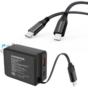 Retractable Wall Charger with a USB-C Cable + USB C to Lightning MFi Cable 3.3ft Compatible with iPhone 16/15/14/13/12/11 Series, iPad, LG, Galaxy, Pixel, Laptop and More