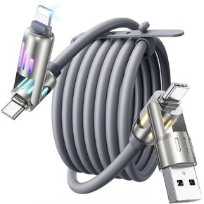 240W 4 in 1 Charging Cable 4FT, Chubby USB A/C to C/L Multi Charger with Light Compatible with iPhone 16 15 14 Pro Max/MacBook/iPad/Samsung USB C to C Multi Charging Cable for All Devices-Grey