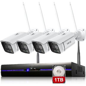 REIGY 3MP WiFi Security Camera System with Floodlight and 1TB Hard Drive Preinstalled, 2K Outdoor Home Surveillance Set 8CH NVR + 4X 1296P IP Cam, 2-Way Audio Color Night Vision Motion Detection