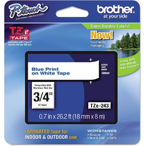 Brother Genuine P-Touch TZe Blue Print on White Label Tape (TZe243), Laminated,3/4in x 26.2ft (18mm x 8m), for Select P-Touch Label Makers, Durable, Water-Resistant, Indoor/Outdoor Use