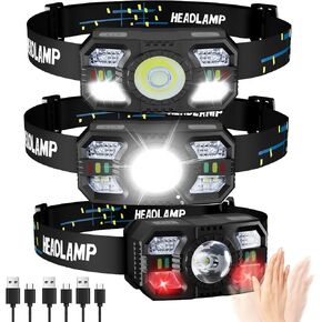 Headlamp Rechargeable 3 Pack, LED Super Bright LED Headlight with Red Light, Motion Sensor Head Lamp for Adult Kid, 5 Mode Head Light for Outdoor Camping Hiking Fishing Running Cycling