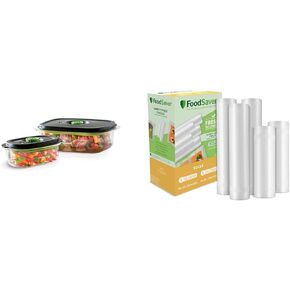 FOODSAVER 2116382 Preserve & Marinate Vacuum -Containers,1-3 cup and 1-10 cup, Clear (Count-2) & Vacuum Sealer Bags, Rolls for Custom Fit Airtight Food Storage and Sous Vide