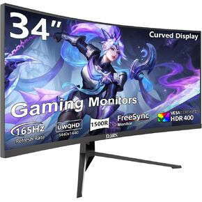 34 inch Curved Ultrawide Gaming Monitor 165Hz,3440x1440 21:9 UWQHD, 1ms(MPRT),1500R, PIP/PBP,HDR400, 99% sRGB,300nits, FreeSync, HDMI2.0(TMDS) x2,DP1.4 x2, Eye Care, VESA(100 * 100mm)