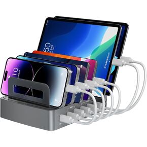 72W 6-Port USB C Fast Charging Station for Multiple Devices - PD45W QC3.0 USB Charger Dock, Compatible with Cellphone,Tablet, Kindle, iPhone iPad and More(Space Gray)