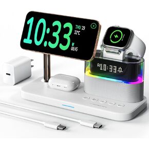 Compatible with Qi2 Certified Wireless Charging Station with Alarm Clock and Night Light,15W Fast 5 in 1 Mag-Safe Charger Stand for iPhone 16 15 14 13 12 Pro Max,Apple Watch,Air-Pods(Black)