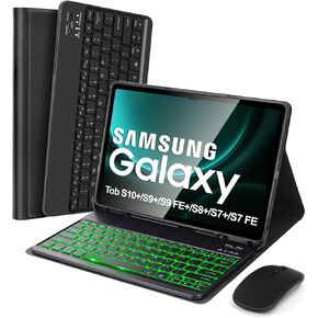SOPPY 7 Colors Backlit Keyboard Case with Mouse for 12.4" Samsung Galaxy Tab S7 FE/S7 Plus/S8 Plus/S9 FE Plus/S9 Plus/S10+, Wireless Keyboard with Case & Pen Holder for Samsung Tab 12.4 Inch, Black