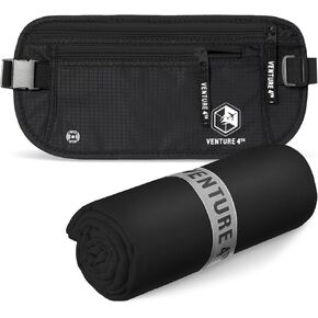 VENTURE 4TH Travel Money Belt & Quick Dry Towel Set - Ideal Travel Bundle for Vacations, Backpacking and Business Trips - Travel Towel Size L