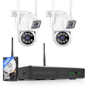 Wireless Security Camera System Outdoor, 2pcs 2K Dual Lens PTZ Auto Tracking Cameras for Home Security, 2.4G/5G WiFi, Color Night Vision, Human Detection, 10CH NVR with 500GB HDD