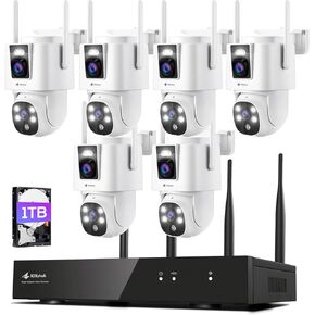 Kittyhok Dual Lens Wireless Security Camera System, 6pcs 2K Outdoor Camera with 2.4/5GHz WiFi, Pan & Tilt, Auto Tracking, Human Detection, Color Night Vision, 16CH WiFi 6 NVR, KWDP164 Bundle with CDP2