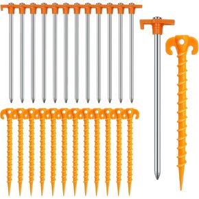 12PCS Tent Stakes & Spiral Stakes Heavy Duty Camping Stakes AVOFOREST 7/8Inch Non-Rust Metal Tent Pegs Ground Stakes Tent Spikes Camping,Garden,Hiking